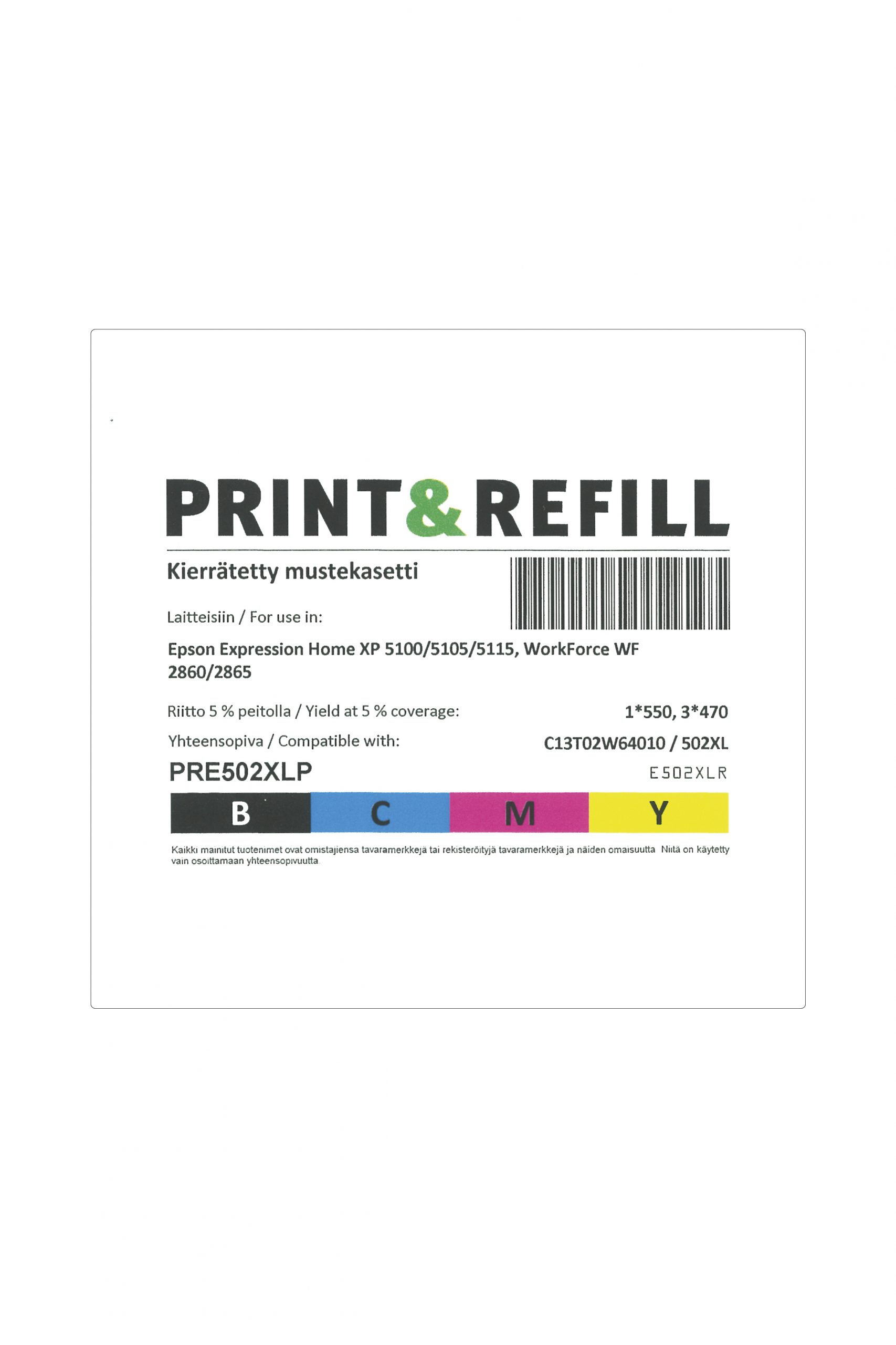 Print & Refill Epson 502 XL 4-väripakkaus täytettyjä mustekasetteja